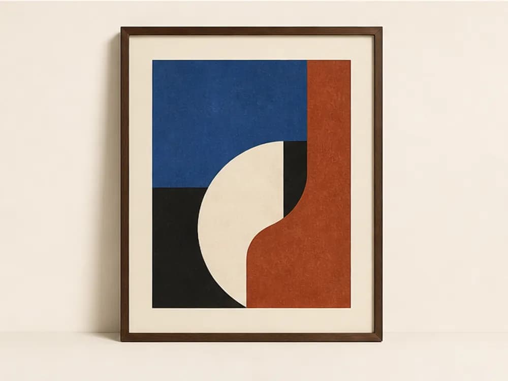 Framed cobalt and terracotta geometric art print